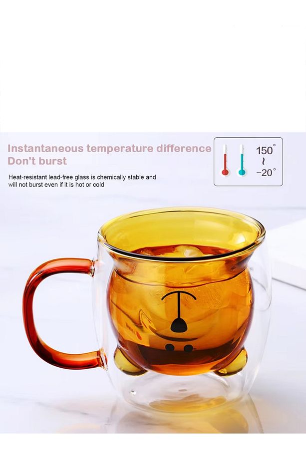 Çift Cidarlı Ayı Desenli Kulplu Borosilikat Cam Bardak – 250 ml, Isıya Dayanıklı - 4