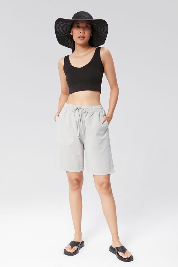 Women's Light Gray Relaxed Cut Cotton Shorts - Linen, High Waist, Elastic Waist Monaha