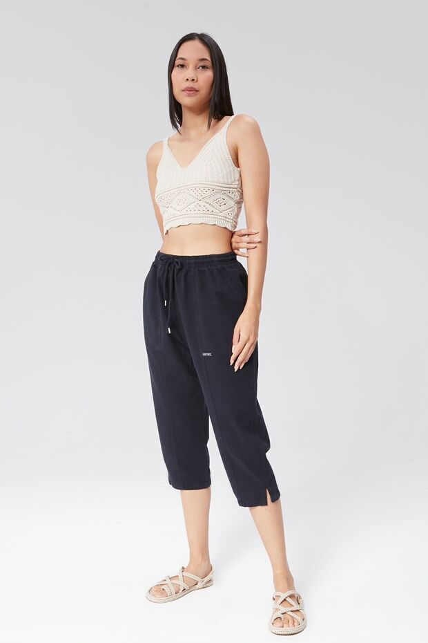 Women's Navy Blue Relaxed Fit Cotton Capri - Linen, Front Stitched, Slit Monaha