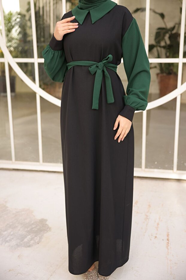 Movable Belted Hijab Dress with Colorful Sleeves