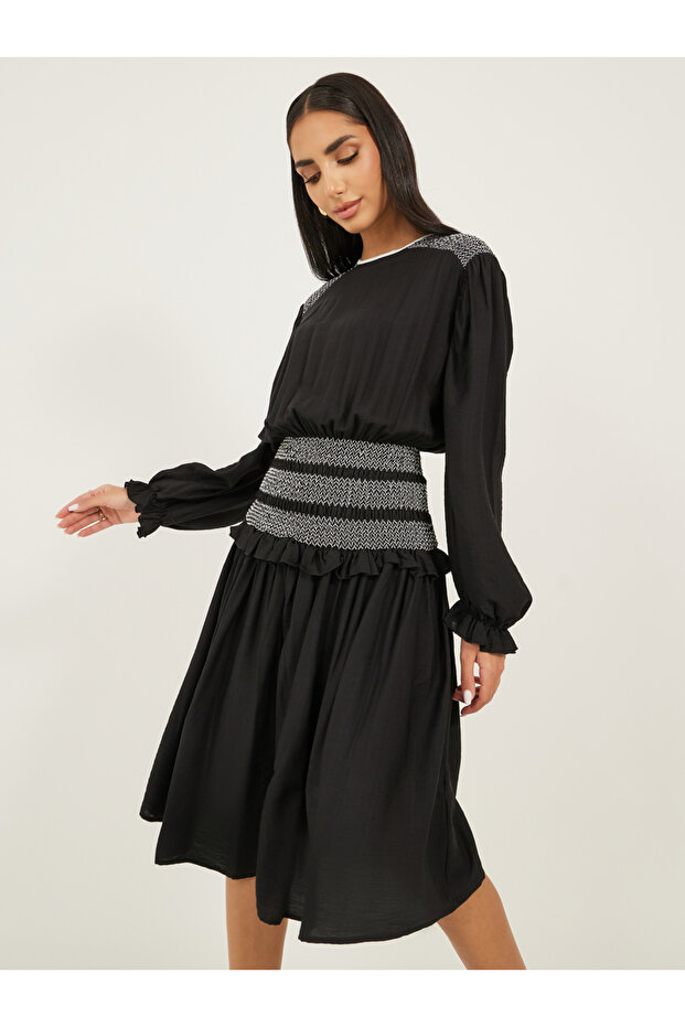 Plain Contrast Stitch Detail Long Sleeves A-Line Midi Dress