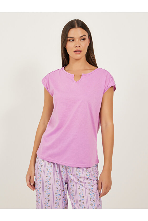 Solid Gathered Shoulder Top and Printed Cuffed Pyjama Set - 3