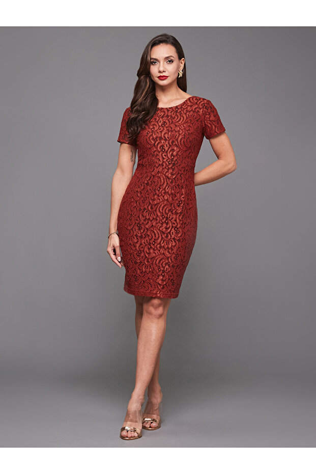 Lace Texture Short Sleeve Knee-Length Bodycon Dress
