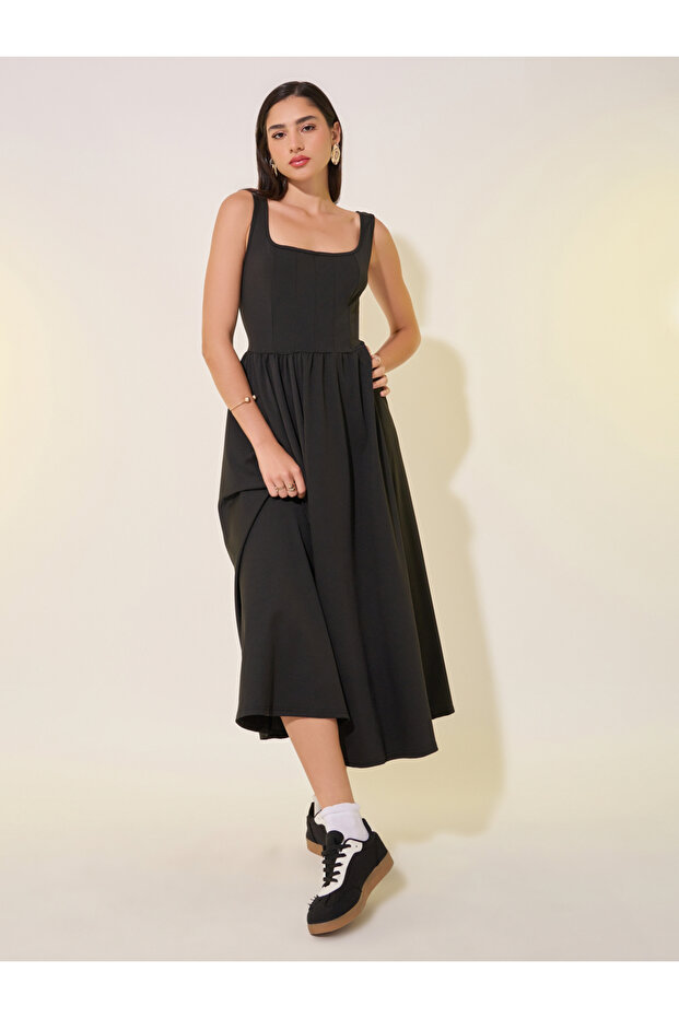 Sleeveless Square Neck A-Line Midi Dress