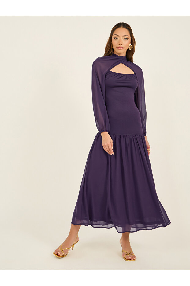 Solid Cape Sleeves Ruffled Hem Maxi Dress