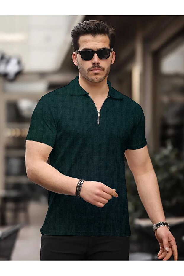 David Men's Zippered Polo Neck Cotton Fabric Nefti Green Short Sleeve T-Shirt