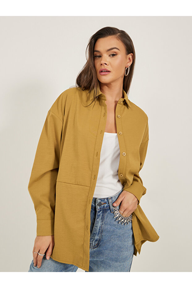 Solid Oversized Spread Collar Longline Shirt - 1