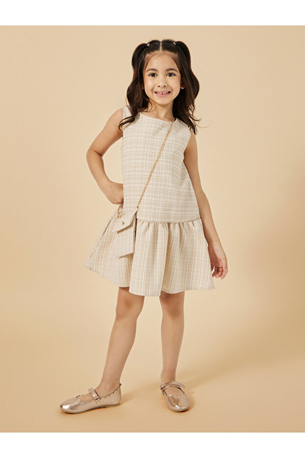 Tweed Sleeveless Drop-Waist Dress with Bag