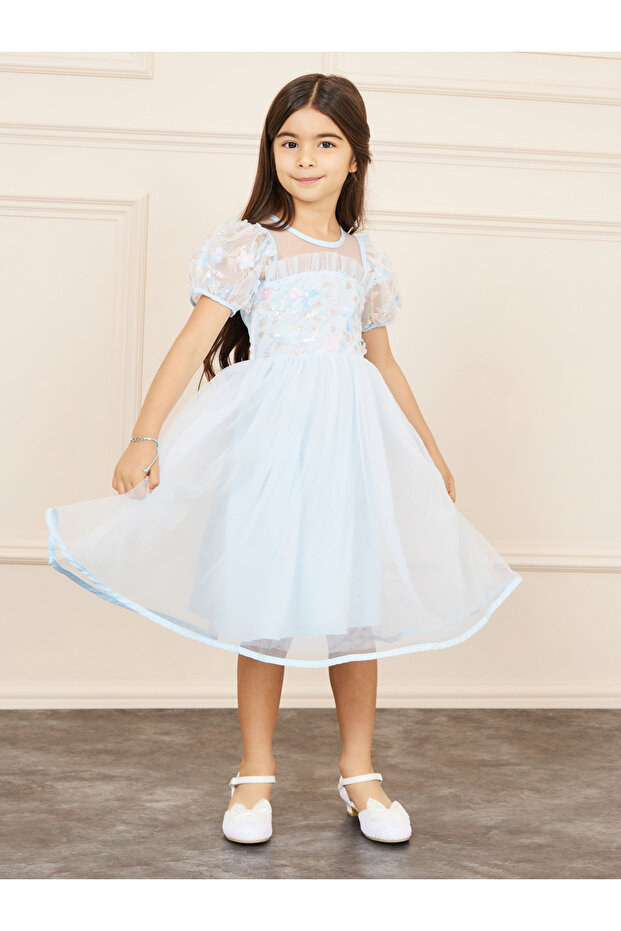 Floral Applique Sequin Detail Mesh Layer Puff Sleeves Dress