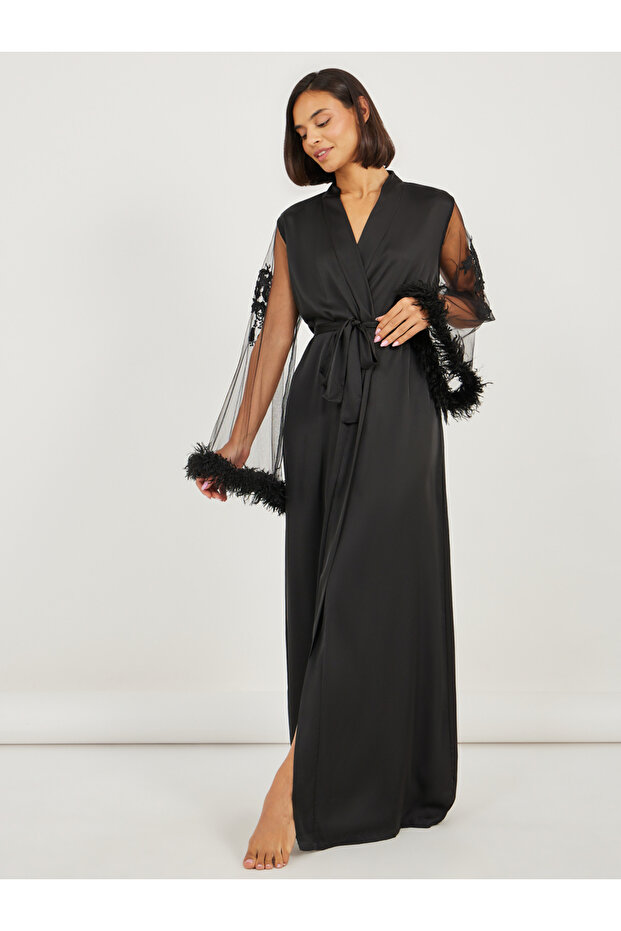 Embroidered and Faux Fur Trim Mesh Sleeves Robe