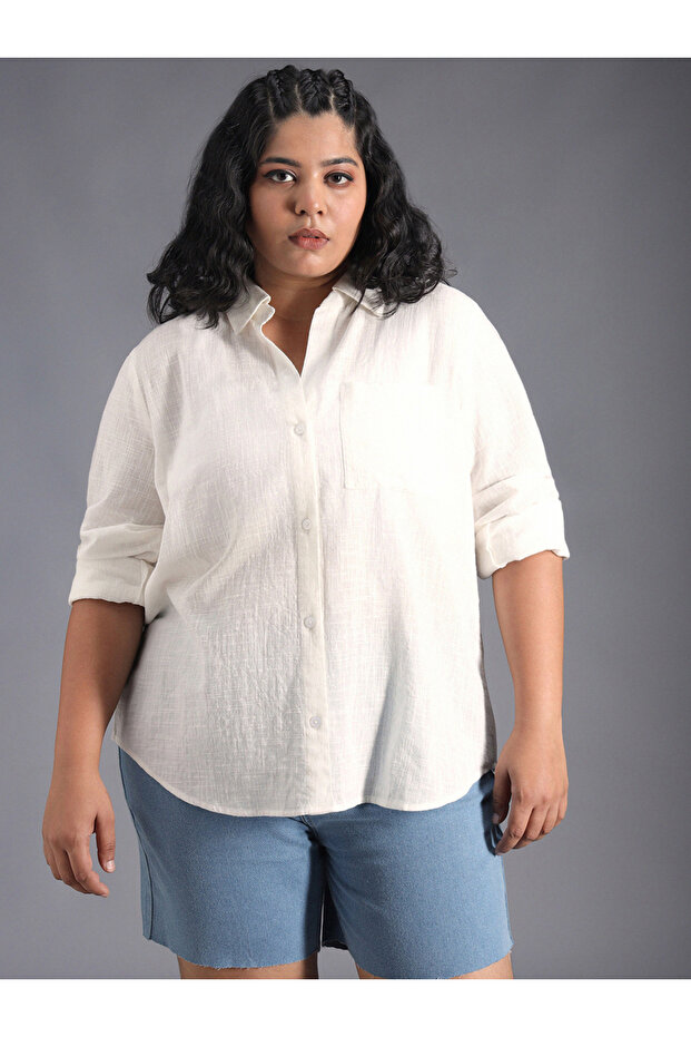 Plus Size Classic Collar Oversized Shirt with Patch Pocket