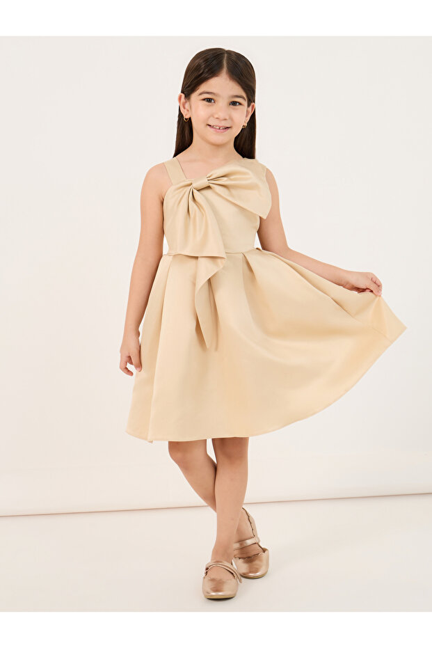 Solid Fit and Flare Knee-Length Dress with Bow Detail