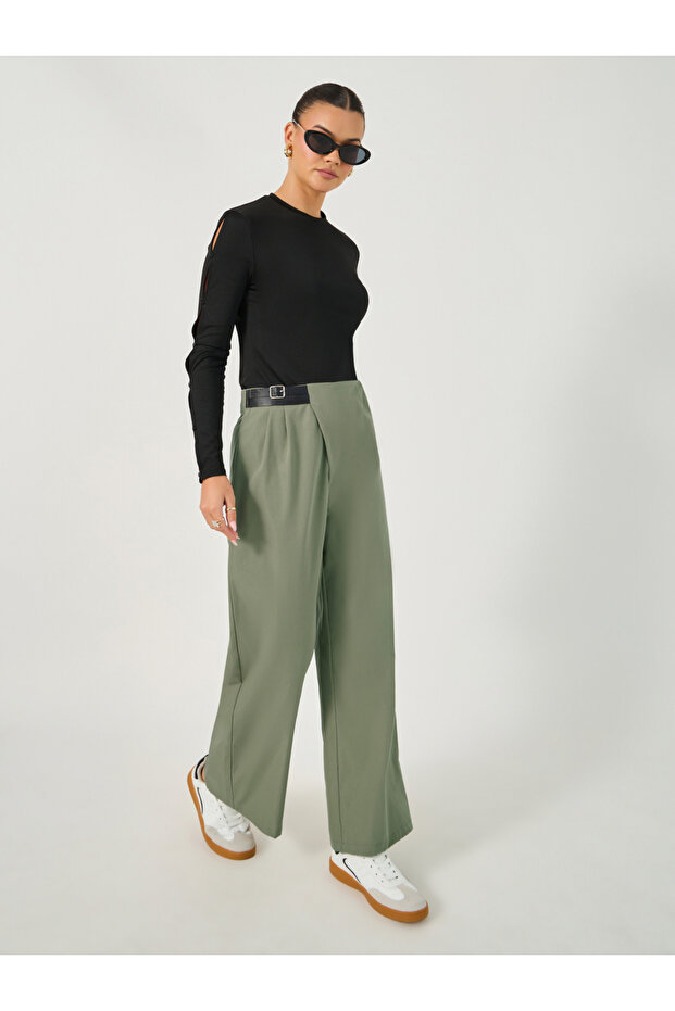 Straight Fit Mid Rise Cross Panel Pants with Belt