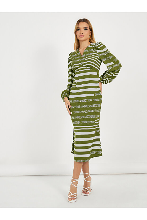 All Over Print Balloon Sleeves Midi Dress