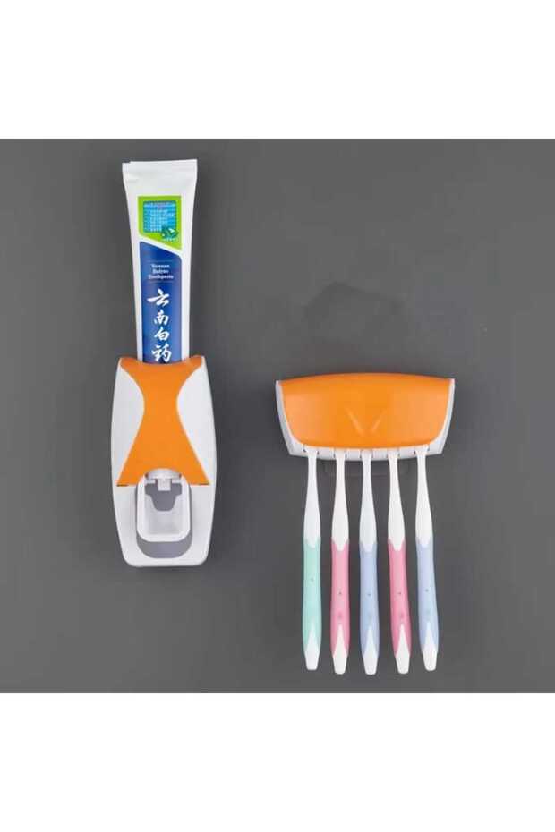 2قطعة مجموعة موزع معجون اسنان اوتوماتيكي وحامل فرشاة اسنان - 1