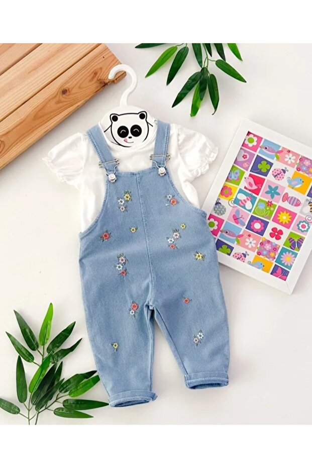 Flower Patterned Baby Girl 2-Piece Denim Salopet
