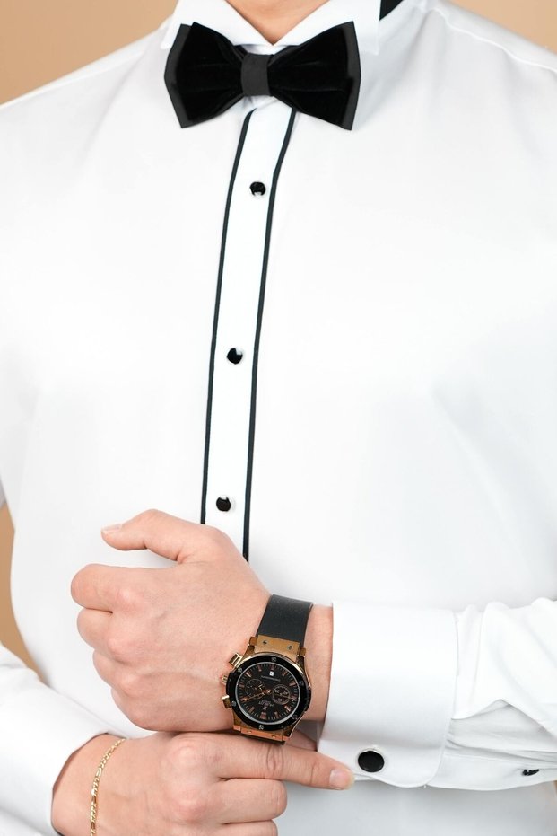 Groom's Suit Shirt Slim Fit White Stand Collar Shirt with Cufflinks – Slimfit, Please Choose 1 Size Larger.