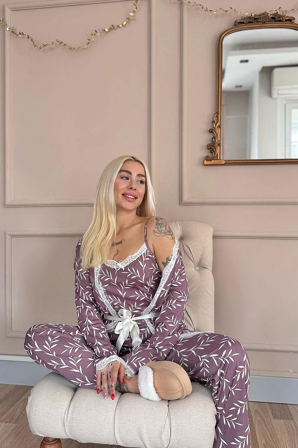 Mor Zeytin Dalı Desenli Sabahlıklı Pegasus Pijama Takımı - 3