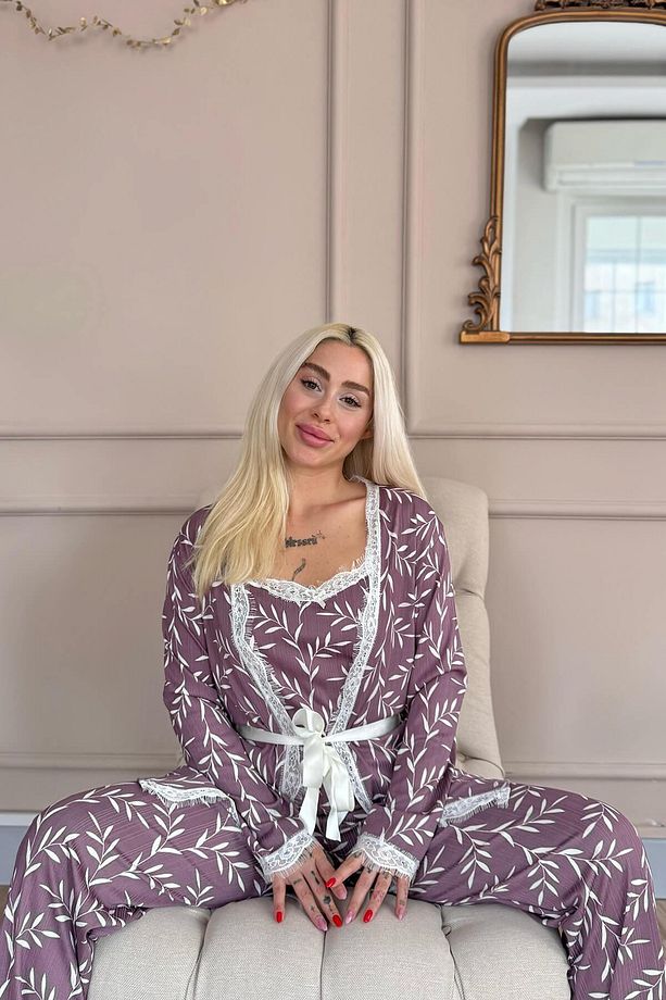 Mor Zeytin Dalı Desenli Sabahlıklı Pegasus Pijama Takımı - 5