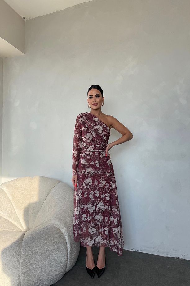 Tek Kollu Çiçek Desenli Elbise - 2