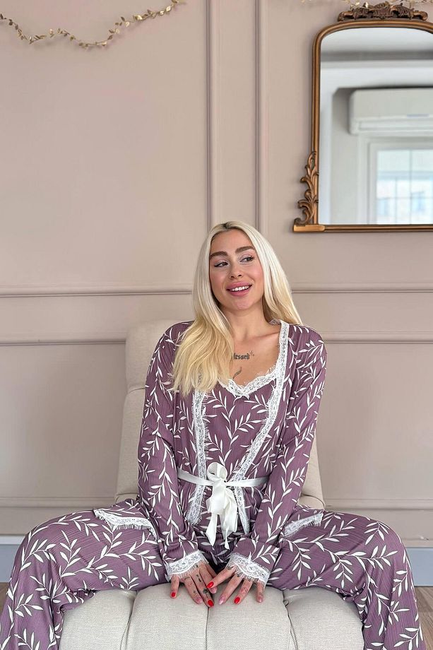 Mor Zeytin Dalı Desenli Sabahlıklı Pegasus Pijama Takımı - 6