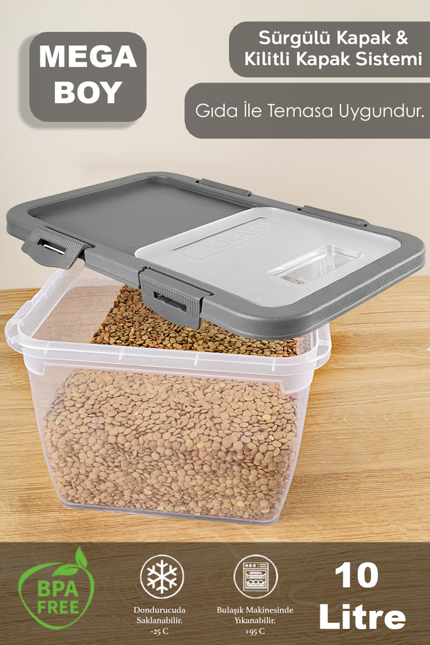 2-Piece Pulses Storage Container with Sliding Lid - Multi-Purpose Locked Lid Erzak Sugar Flour Container Gray 10 Lt - 3
