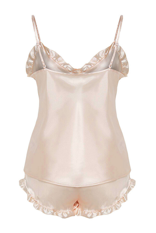 Ekru Fırfırlı İp Askılı Saten Şortlu Dokuma Pijama Takımı THMSS22PT0274 - 8
