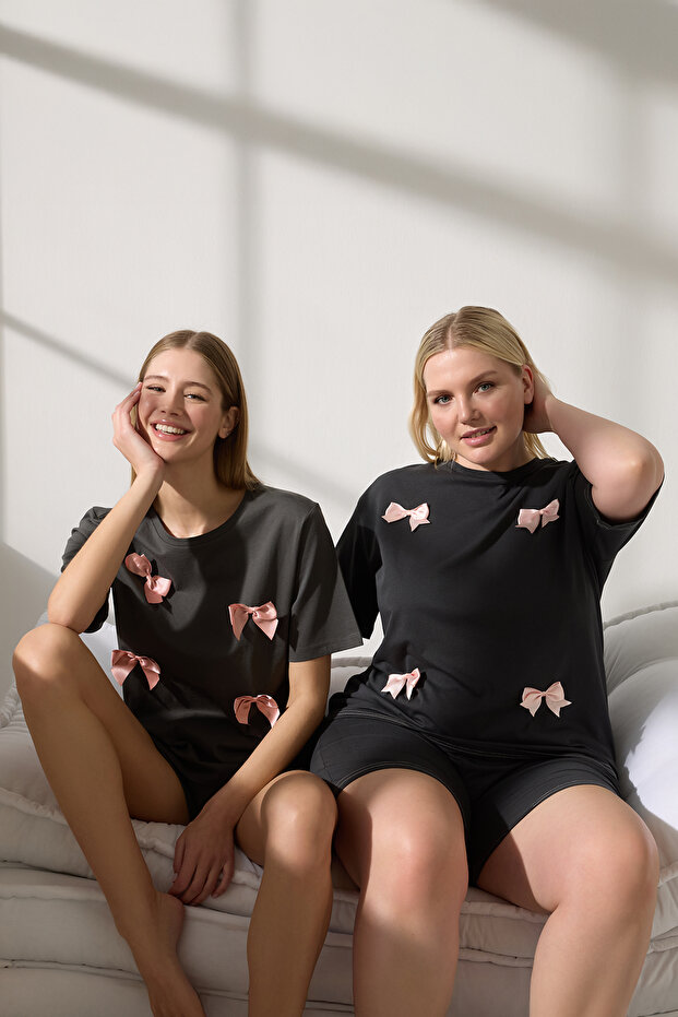 Antrasit %100 Pamuklu Kurdele/Fiyonklu Şortlu Örme Pijama Takımı THMSS25PT00376 - 2