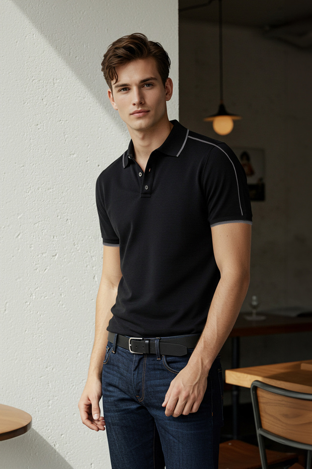 Siyah Regular/Normal Kesim Biyeli %100 Pamuk Polo Yaka T-shirt TMNSS25PO00015 - 2
