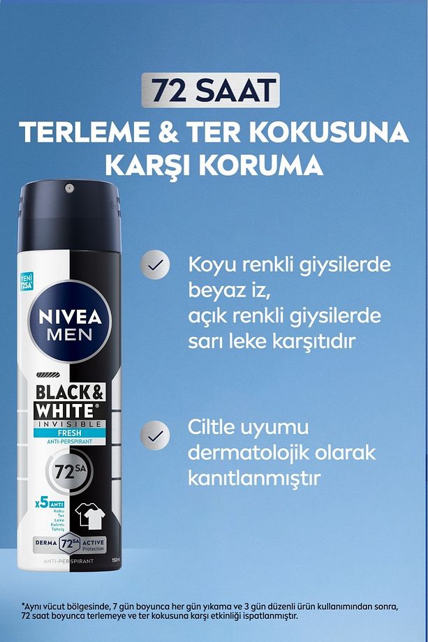 MEN Erkek Sprey Deodorant Black & White Invisible Fresh 150ml, 72 Saat Anti-perspirant, X3 Adet - 3