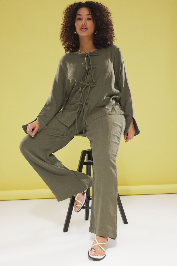 Khaki Bowknot Muslin 100% Cotton Woven Plus Size Top and Bottom Set Tbbss25Cp00009