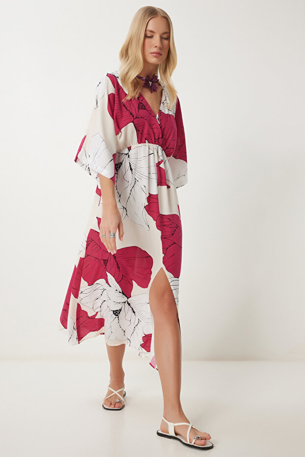 Women's Dark Pink White Wrap Collar Patterned Summer Viscose Dress Dk00166