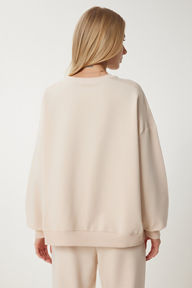 Kremowy damski dres z okrągłym dekoltem i dzianinowym oversize FN03456 - 8