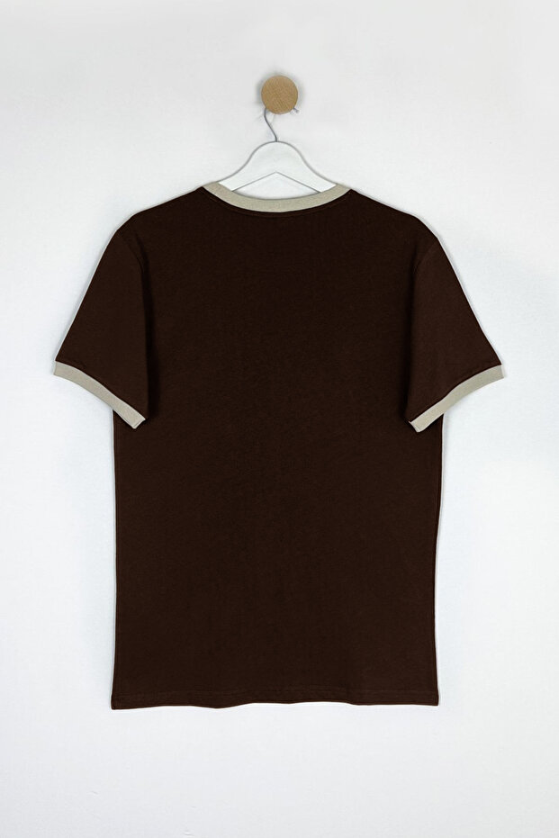 Kahverengi Slim/Dar Kesim Kol Detaylı Baskılı %100 Pamuk T-Shirt TMNSS25TS00034 - 7