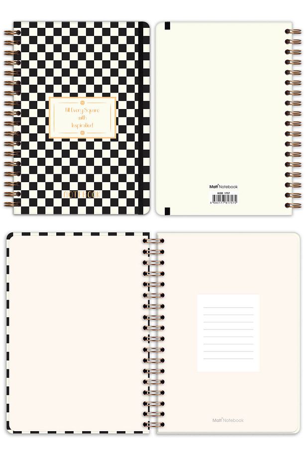 B5 17x24 cm Spiralli Lastikli Kareli Tarihsiz Not Defteri Dama Desenli - 7