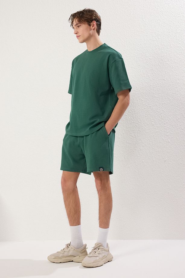 Zümrüt Yeşili Oversize Kalın %100 Pamuk Tshirt Şort 2'li Eşofman Takımı - 3