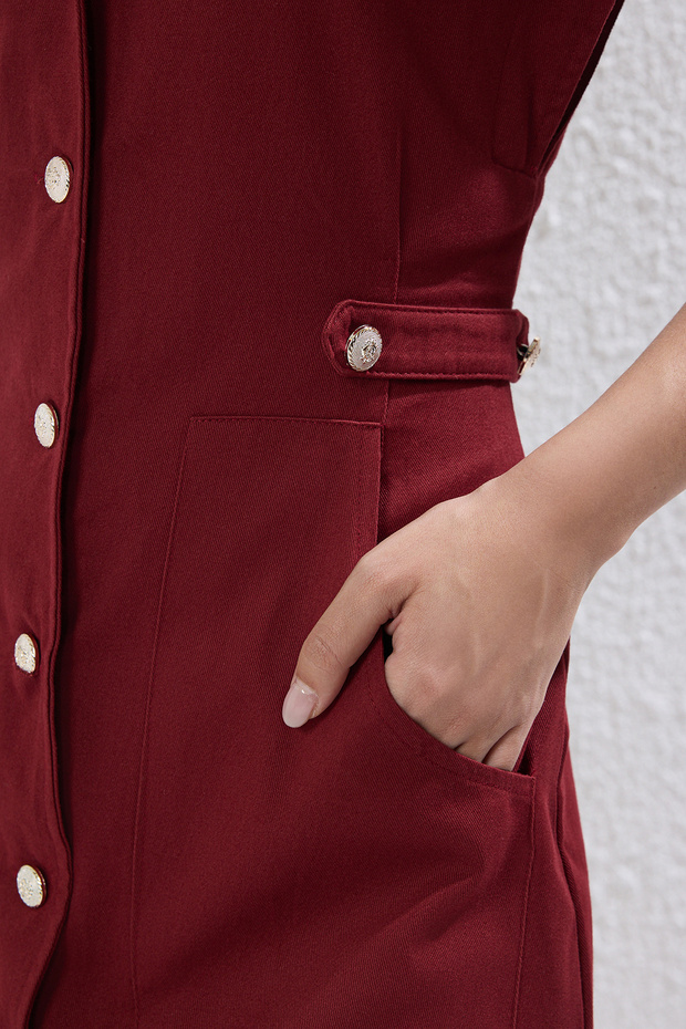 Bordo Düğme Detaylı Gabardin Mini Dokuma Gömlek Elbise TWOSS22EL2970 - 3