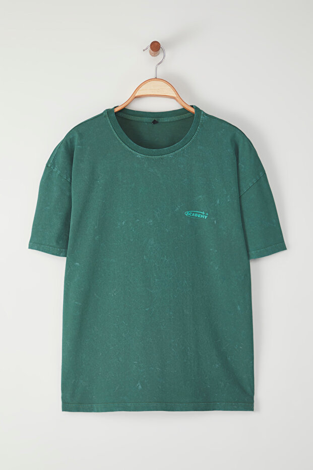 Yeşil Oversize/Geniş Kesim Eskitme/Soluk Efekt Galaksi Baskılı T-Shirt TMNSS25TS00076 - 6
