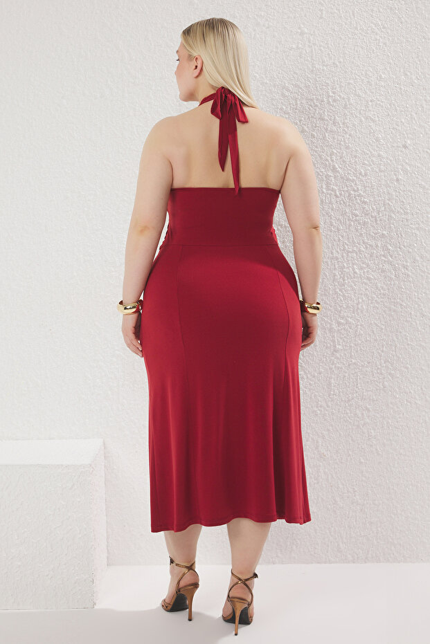 Bordo Boyundan Bağlamalı A-line Örme Büyük Beden Elbise TBBSS25AH00177 - 4