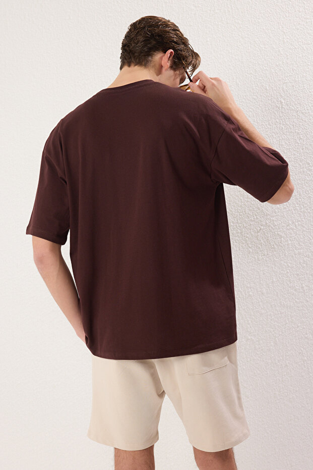 Kahverengi-Taş Oversize/Geniş Kesim %100 Pamuklu Şort - T-Shirt Eşofman Takımı TMNSS25EM00004 - 4