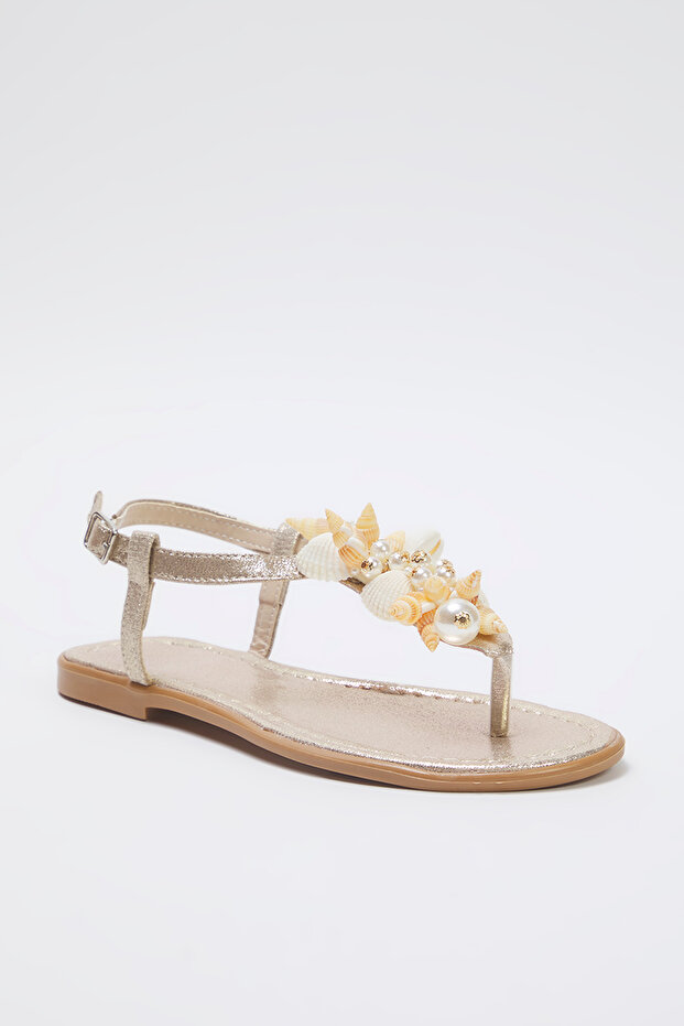 Gold Sea Shell Pearl Detaillierte Flip Flops Damen Stilvolle Sandalen TAKSS25SD00008 - 4