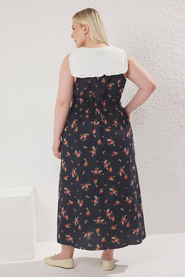 Çok Renkli Çiçekli Poplin %100 Pamuk Bebe Yaka Midi Dokuma Büyük Beden Elbise TBBSS25AH00158 - 4