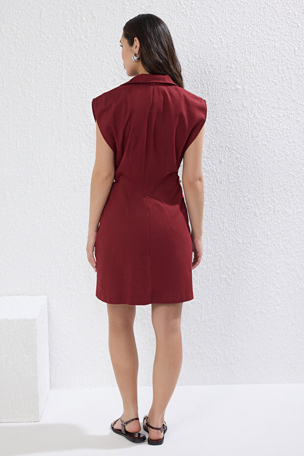 Bordo Düğme Detaylı Gabardin Mini Dokuma Gömlek Elbise TWOSS22EL2970 - 4