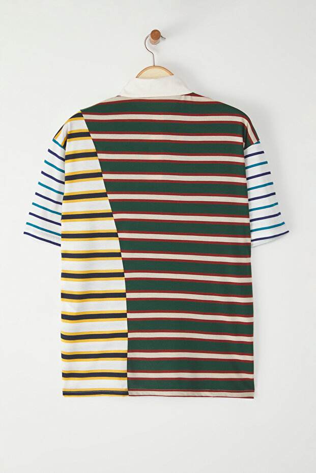 Çok Renki Oversize/Geniş Kesim Çizgili Polo Yaka T-shirt TMNSS25PO00038 - 8