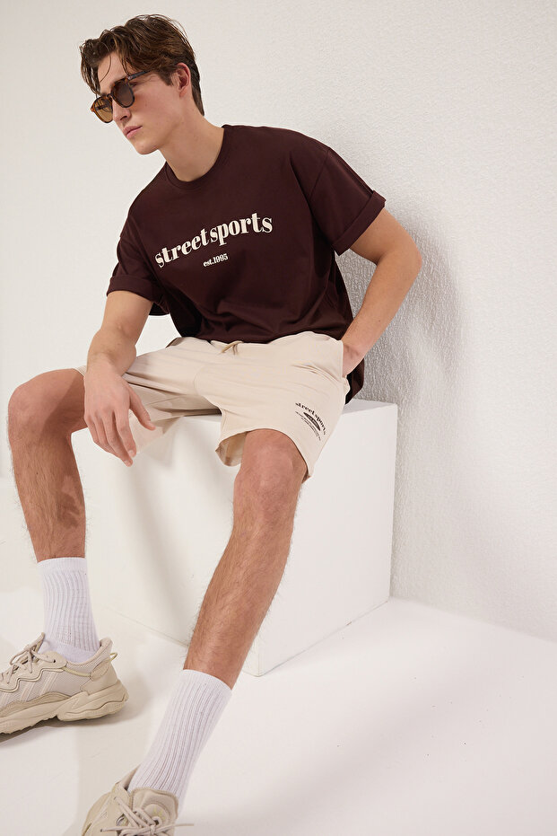 Kahverengi-Taş Oversize/Geniş Kesim %100 Pamuklu Şort - T-Shirt Eşofman Takımı TMNSS25EM00004 - 2