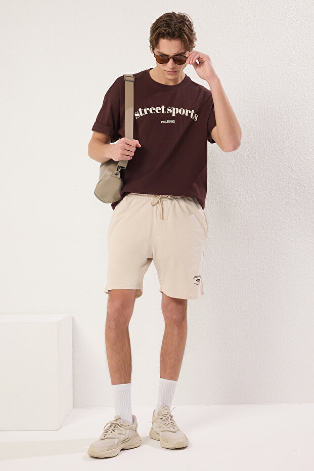 Kahverengi-Taş Oversize/Geniş Kesim %100 Pamuklu Şort - T-Shirt Eşofman Takımı TMNSS25EM00004 - 1