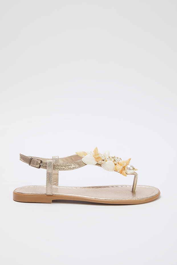 Gold Sea Shell Pearl Detaillierte Flip Flops Damen Stilvolle Sandalen TAKSS25SD00008 - 5