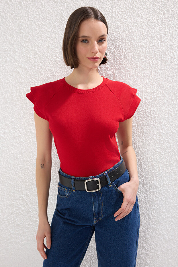 Kırmızı Kolları Fırfırlı Fitted/Vücuda Oturan Fitilli Örme Bluz TWOSS25BZ00483 - 2