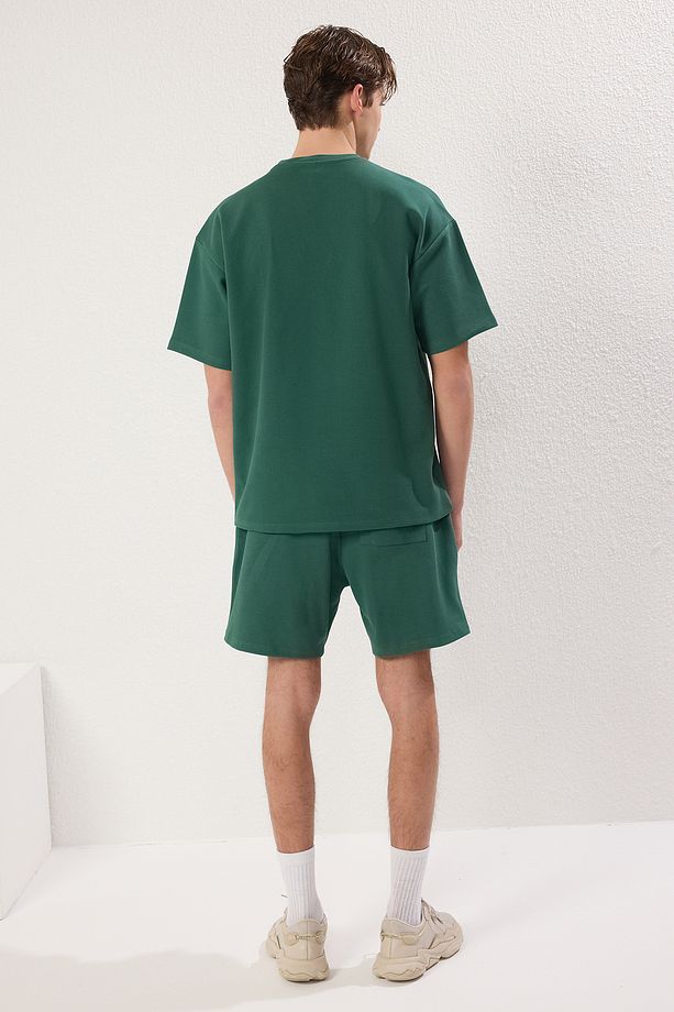 Zümrüt Yeşili Oversize Kalın %100 Pamuk Tshirt Şort 2'li Eşofman Takımı - 5
