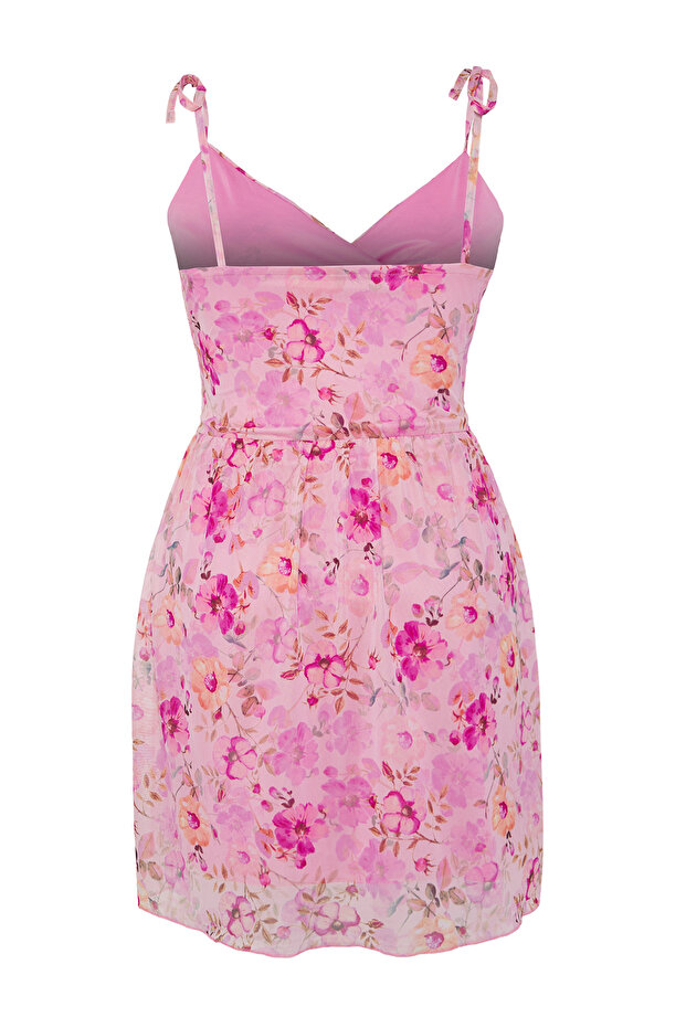Pembe Kruvaze Yaka Çiçek Desenli Tül Skater Mini Örme Büyük Beden Elbise TBBSS25AH00193 - 7
